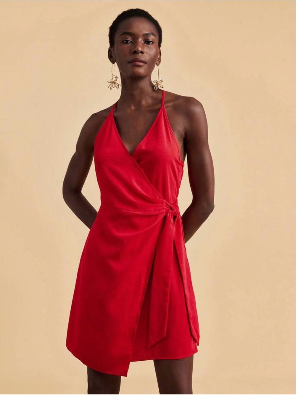 Sleeveless Red Wrap Mini Dress with Side Tie